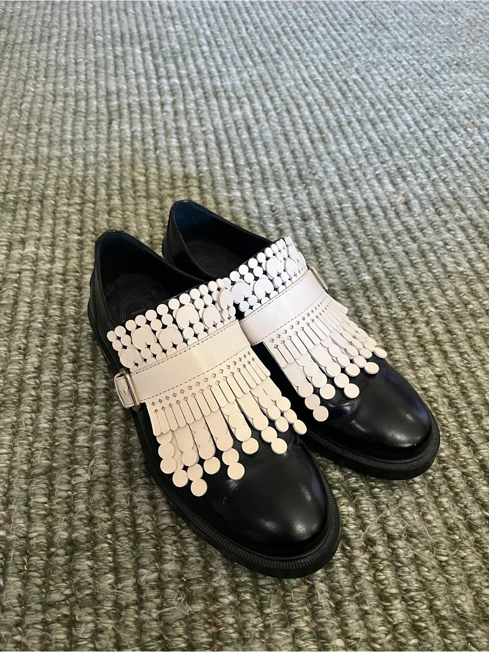 Tod's Black Leather Loafers with Cream Fringe and Disc Trim